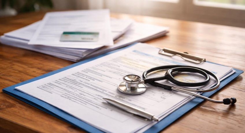 dossier-medical-table-documents-fond-flou
