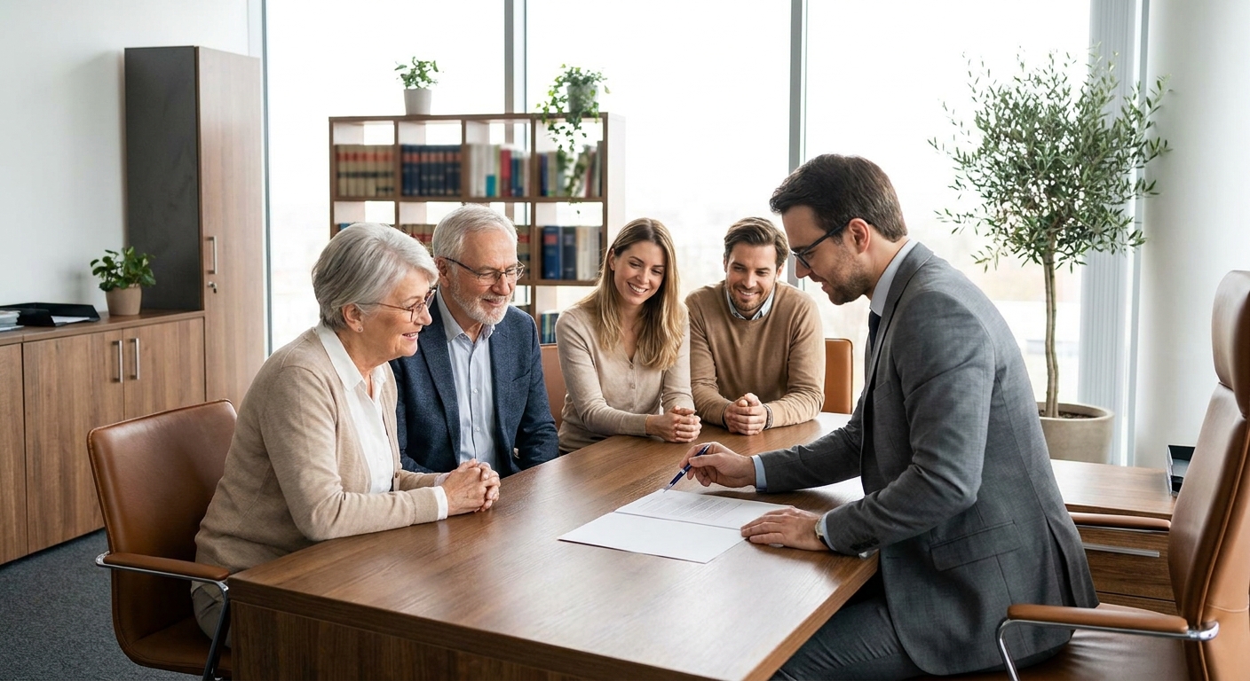 famille réunie autour d'un document de succession et d'un notaire